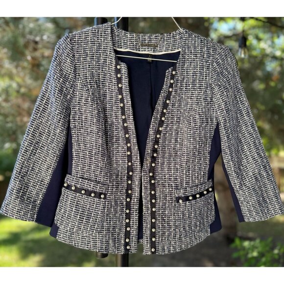 White House Black Market Womens 6 Blue White Pearl Blazer Jacket Long Sleeve - Picture 2 of 12